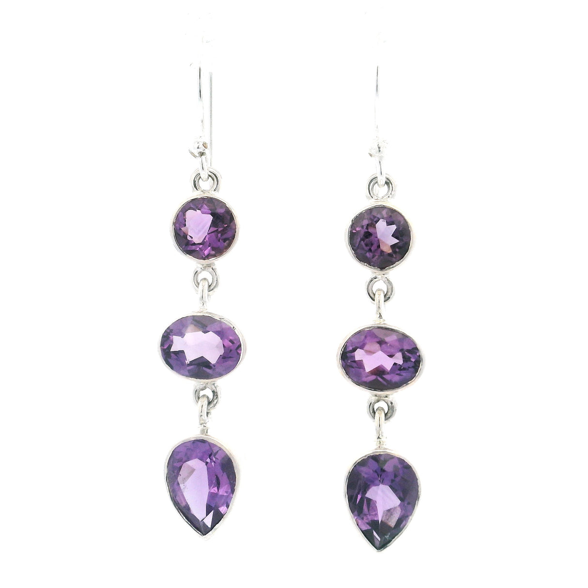 Faceted Amethyst Dangle Earrings with Mixed Shapes - Round & Pear & Oval