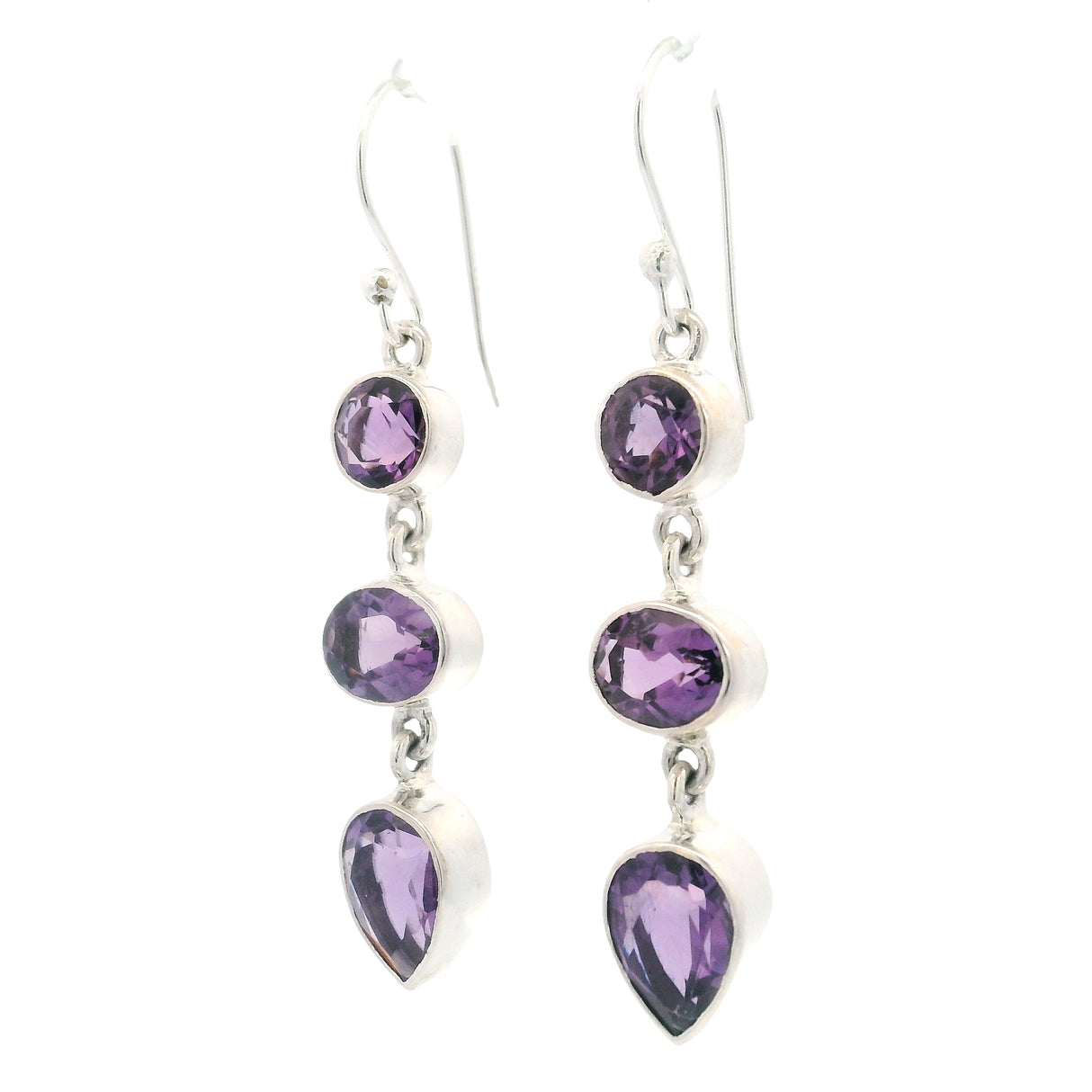 Faceted Amethyst Dangle Earrings with Mixed Shapes - Round & Pear & Oval