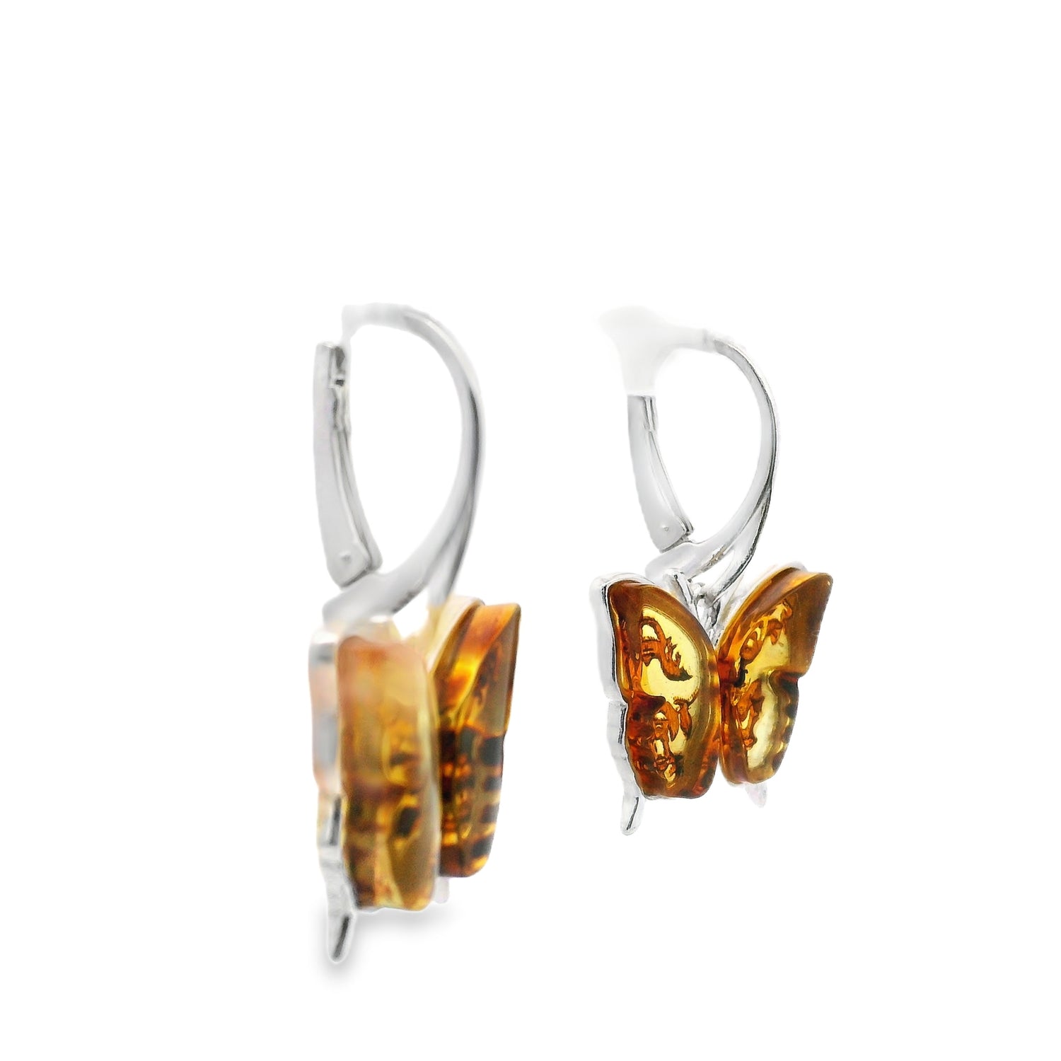 Honey Cameo Amber Butterfly Dangle Earrings with Carved Leaf Design Bezel Set in 925 Sterling Silver