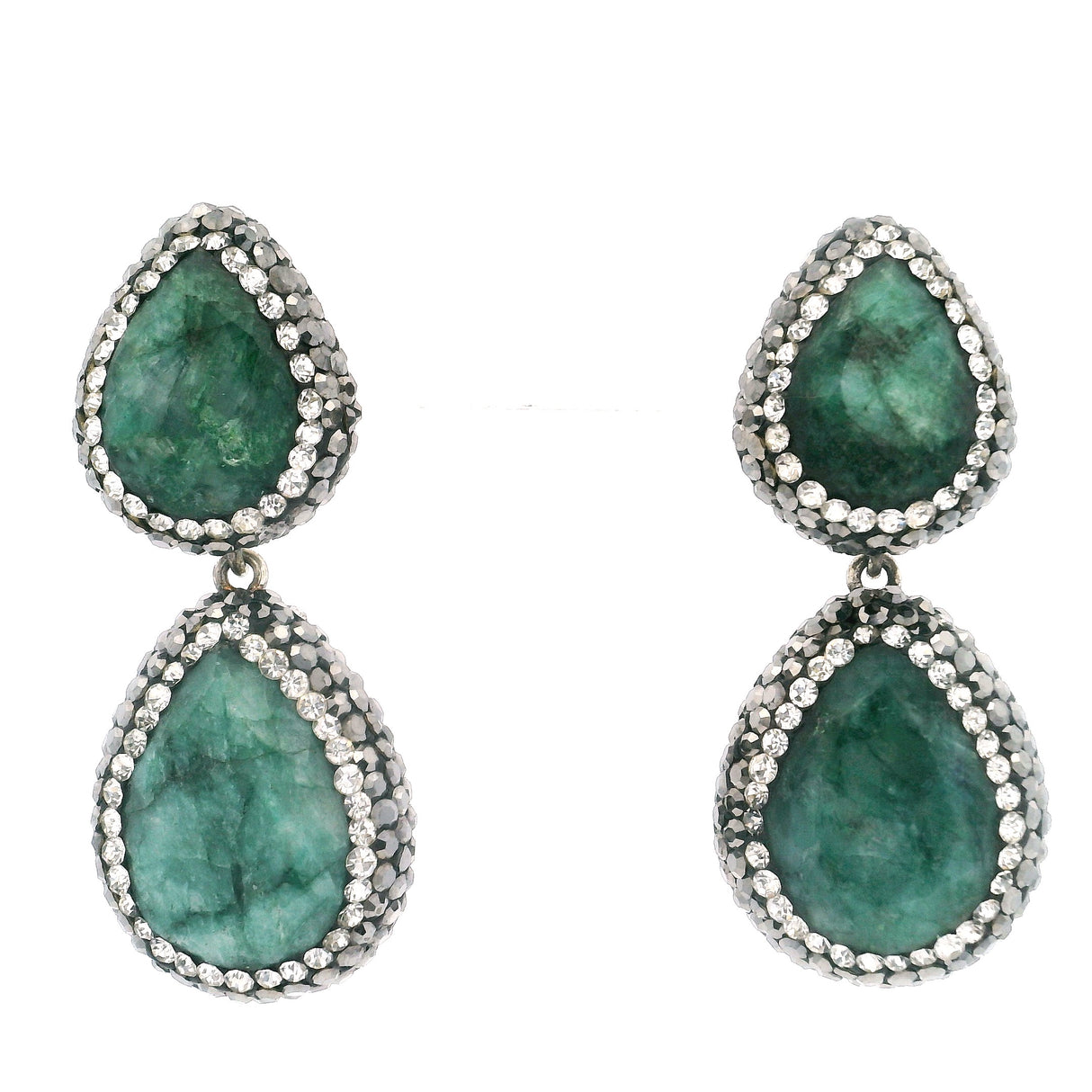 Emerald Dangle Earrings - 2 Pears With Marcasite & Silver Crystals