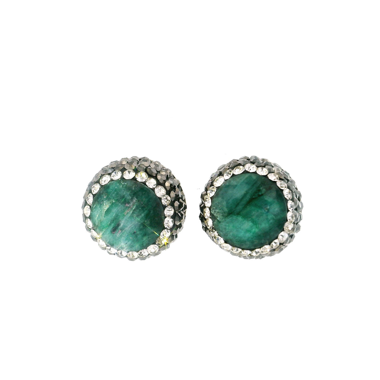 Emerald Stud Earrings - Round With Marcasite & Silver Crystals