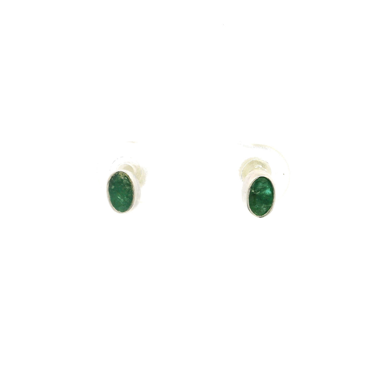 Faceted Emerald Stud Earrings - Oval With Simple Silver Bezel