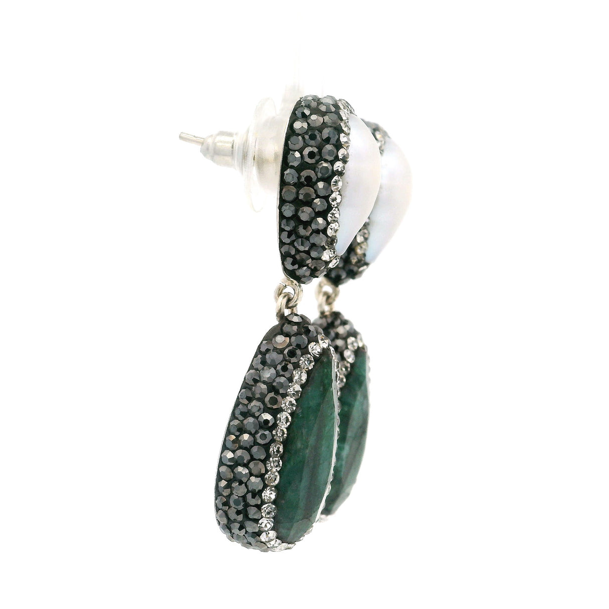 Emerald Dangle Earrings On-post- Faceted Pear With Baroque Pearl Reverse Pear Set In Marcasite & Silver Crystal Pave Bezels