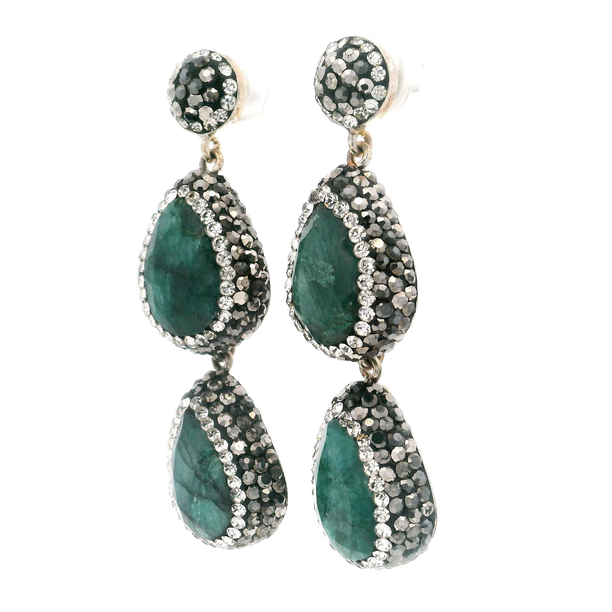 Emerald Dangle Earrings On-post - 2 Faceted Pears With Marcasite & Silver Crystal Pave Bezels & Post