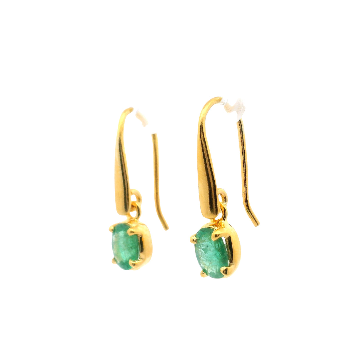 Faceted Emerald Oval Dangle Earrings with Gold Overlay Prong Set in 925 Sterling Silver