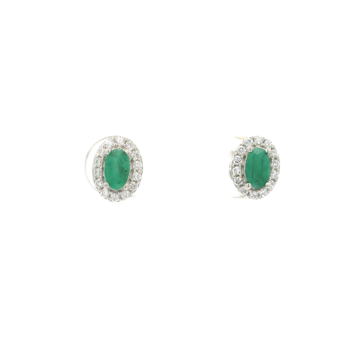Faceted Gemstone Prong Set Stud Earrings in CZ Halo with Rhodium Vermeil