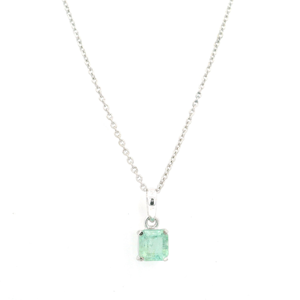 Faceted Emerald Prong Set Necklace with Rhodium Plating Set on Rolo Chain