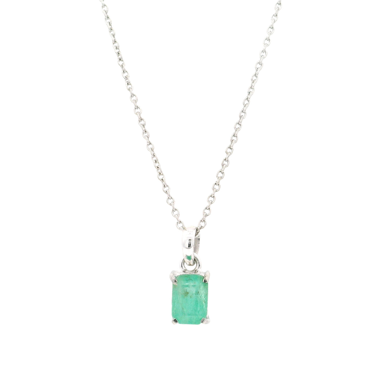 Faceted Emerald Prong Set Necklace with Rhodium Plating Set on Rolo Chain