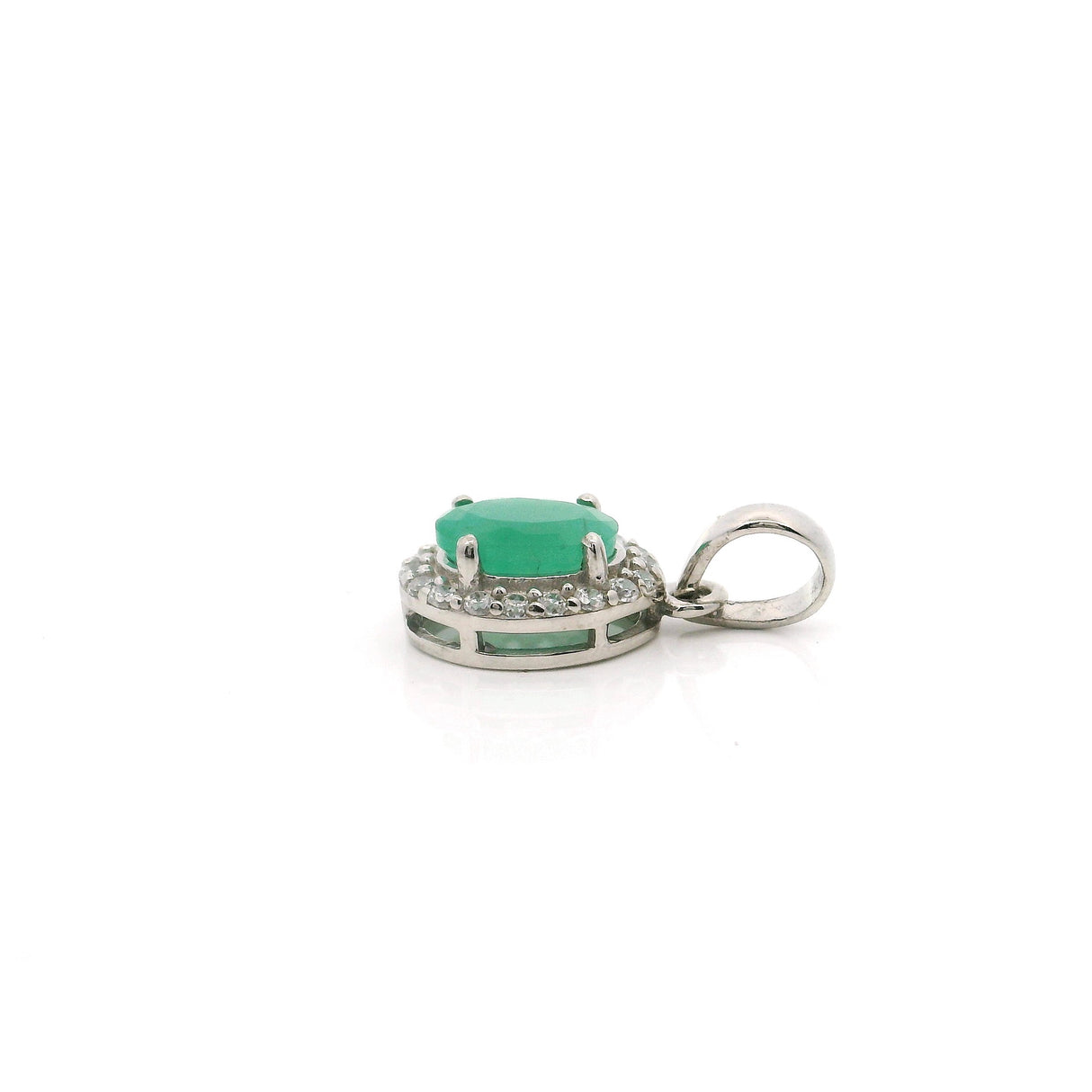 Faceted Emerald Pendant Oval Prong Set with Pave Cz Bezel