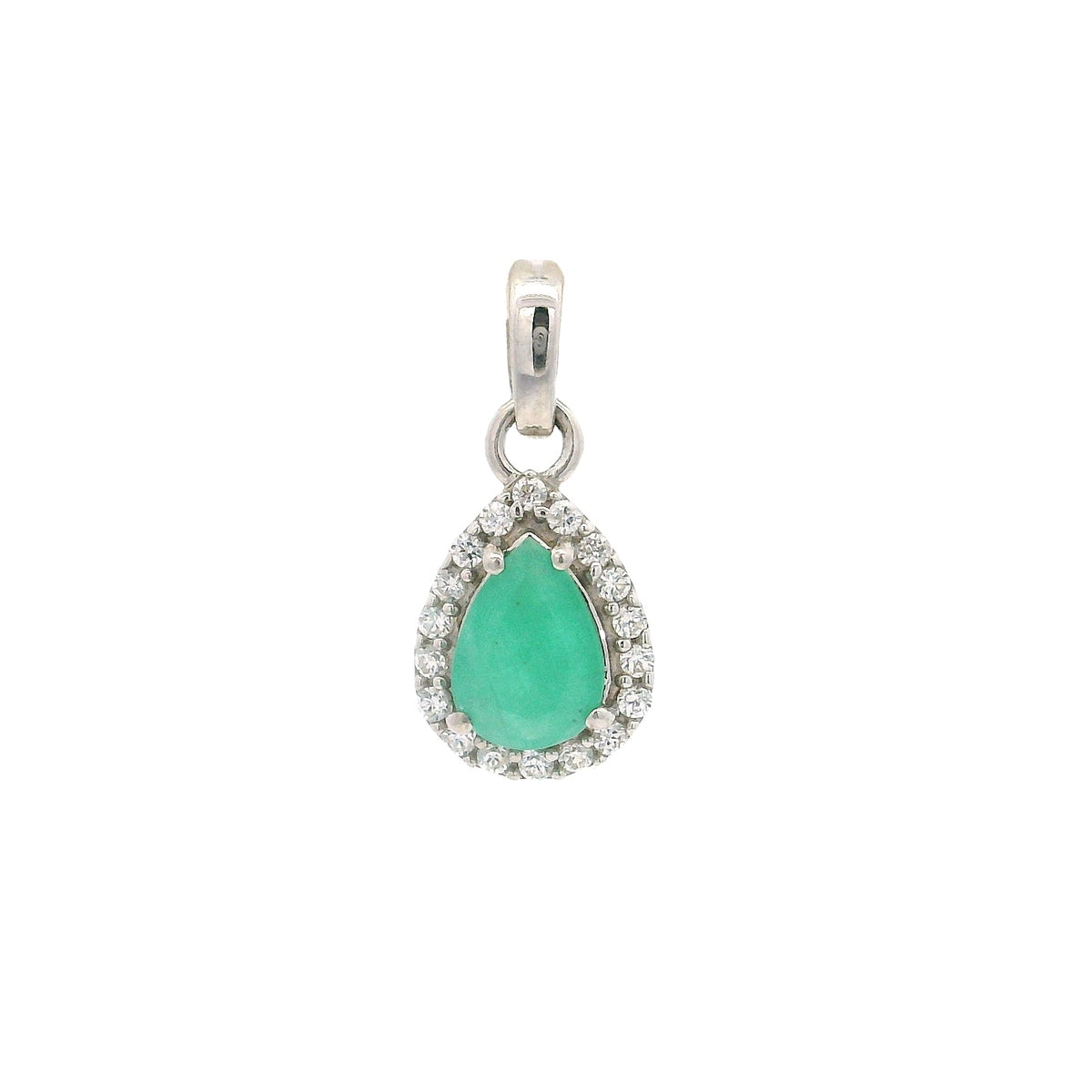Pear-cut emerald teardrop framed by pave cz halo in prong-set silver pendant, front view
