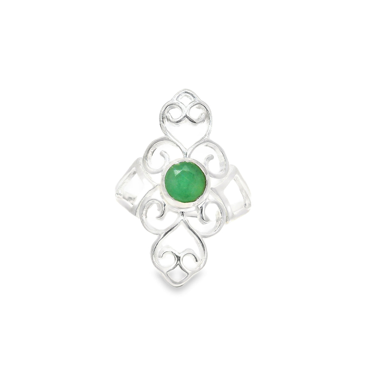 Emerald Ring - Faceted Round Set On 925 Sterling Silver Filagree Design Band sz10
