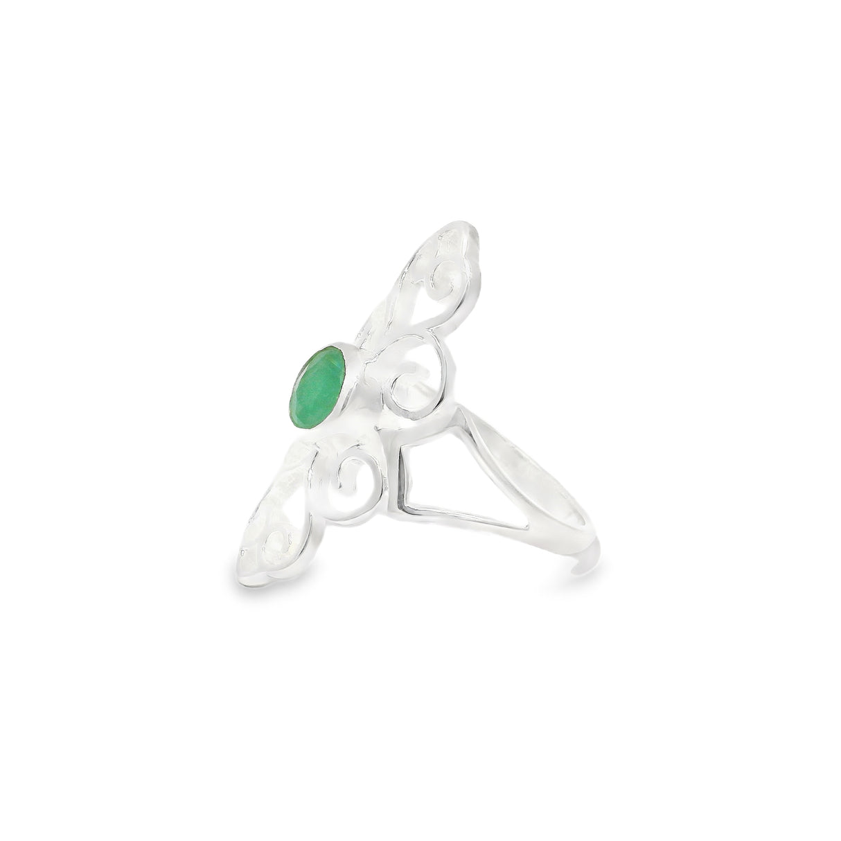 Emerald Ring - Faceted Round Set On 925 Sterling Silver Filagree Design Band sz10