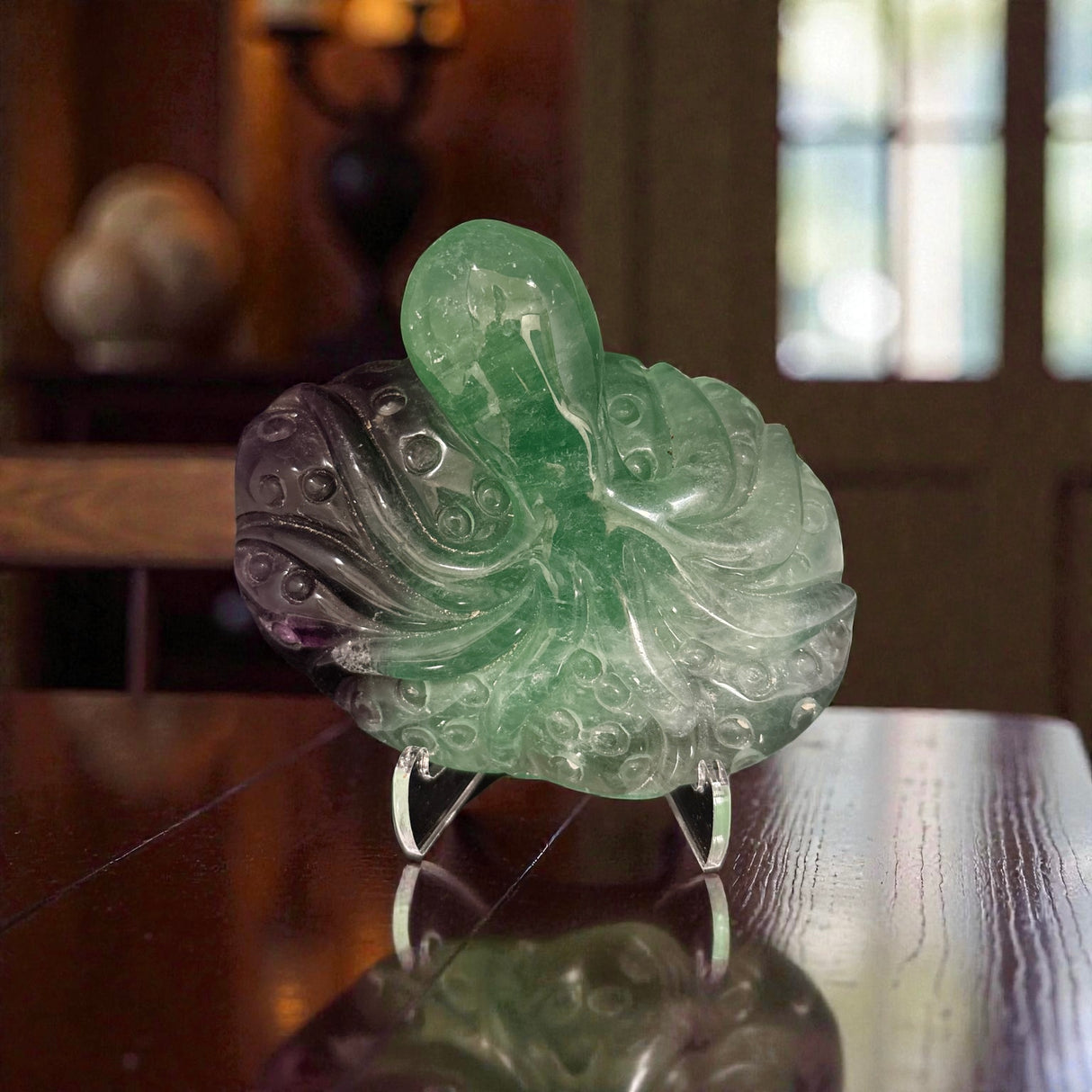 A+ Rainbow Fluorite Octopus Carving on Lucite Easel
