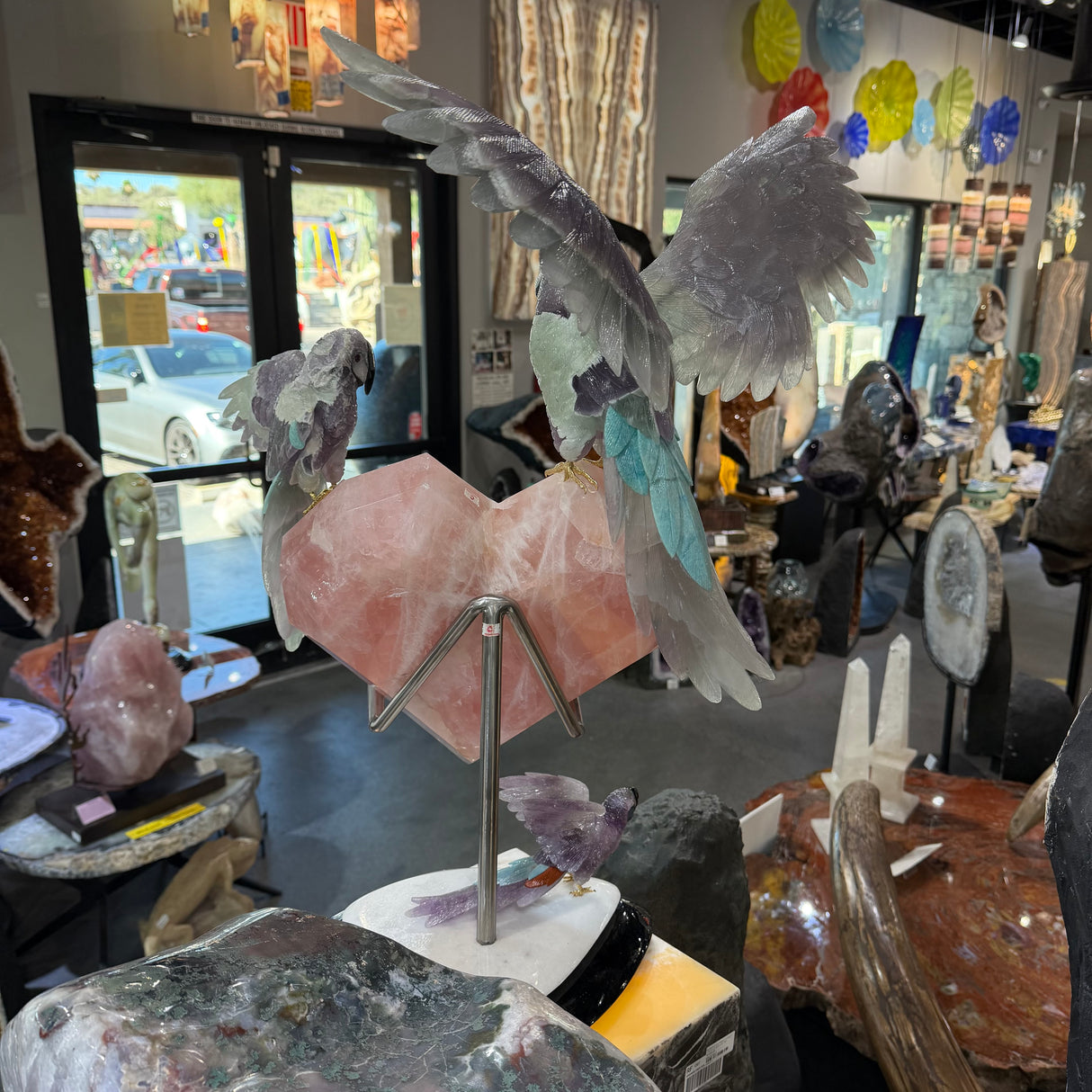 Exquisite Rainbow Fluorite Macaw Trio Perched on Faceted Rose Quartz Heart on Dolomite & Obsidain Base - Tail Feathers of Amazoite & Red Jasper