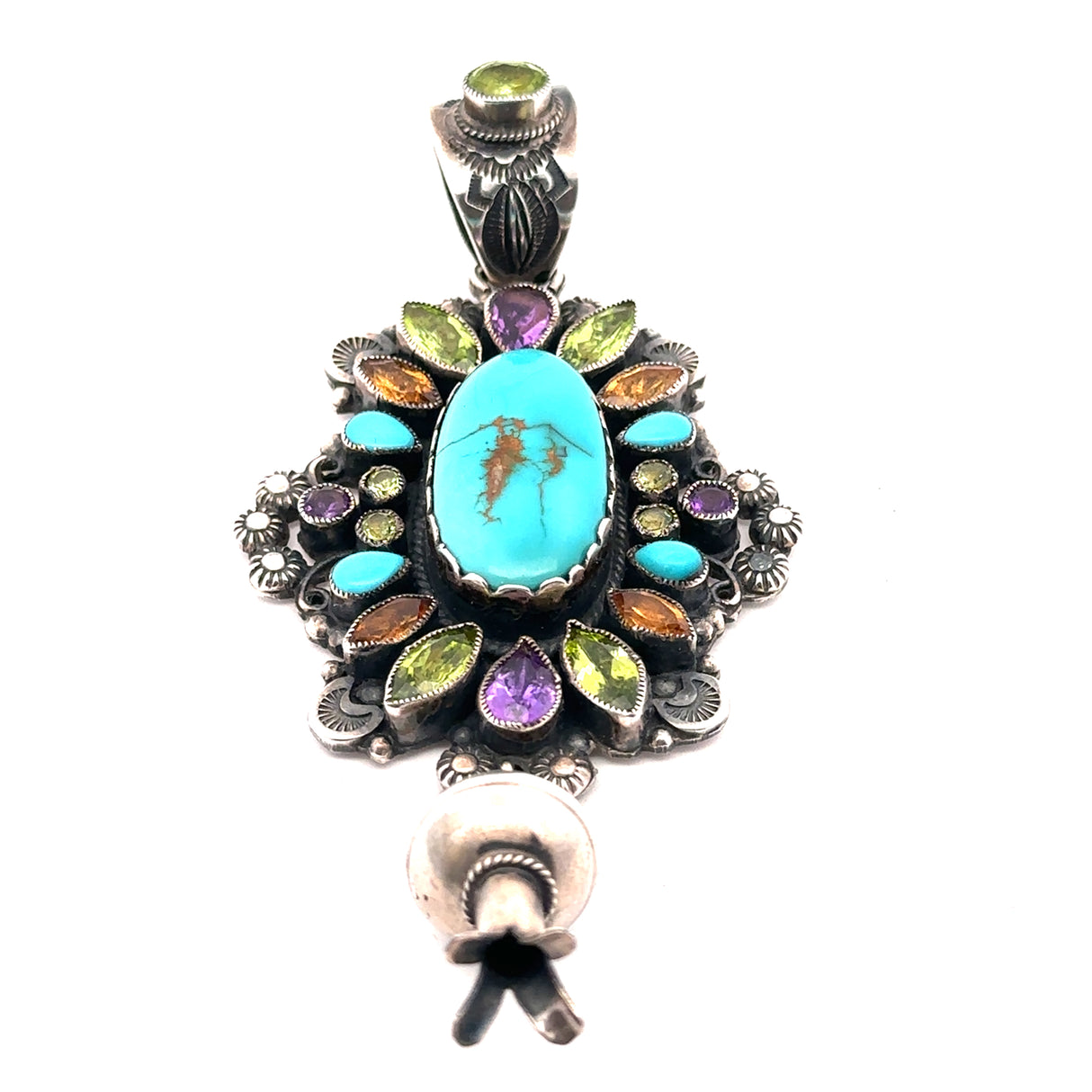 Leo Feeney Royston Turquoise Pendant With Squash Blossom, Citrine, Peridot & Amethyst