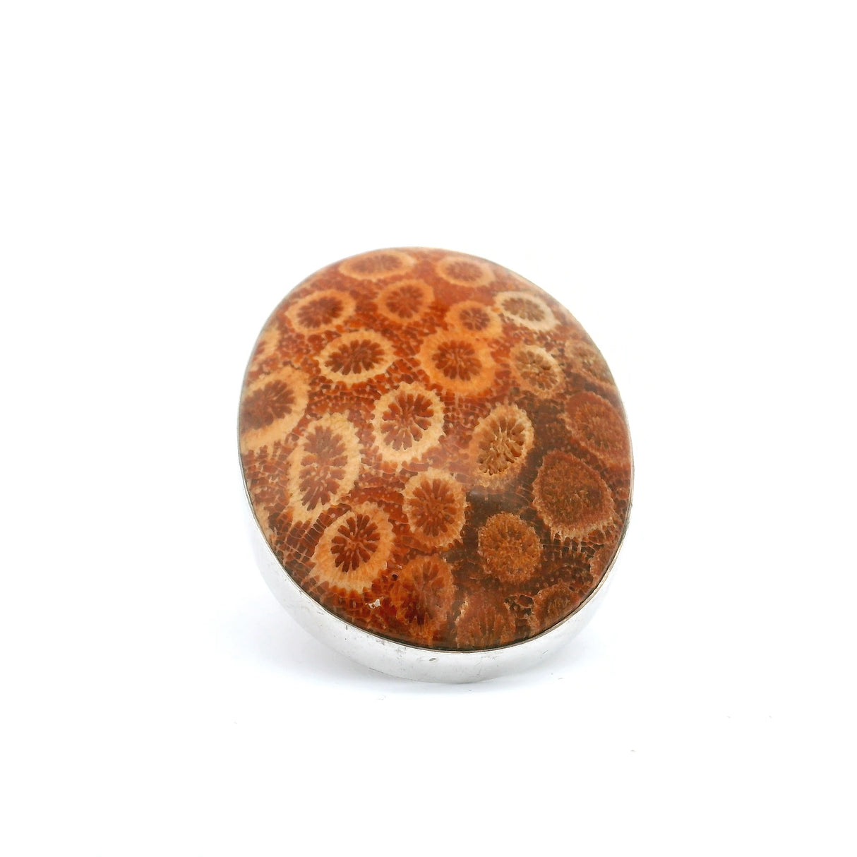 Fossilized Coral Stone Ring - Red Oval - Adjustable Size