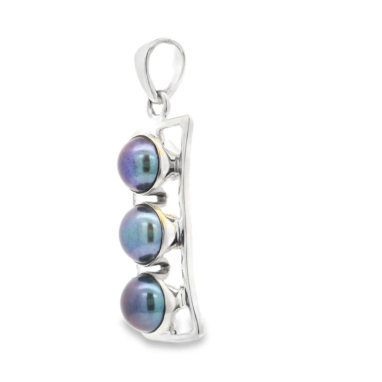 Pendentif Perles de Tahiti - 3 Perles Rondes Serties Verticalement dans des Chatons en Argent Sterling 925 et une Barrette Ouverte