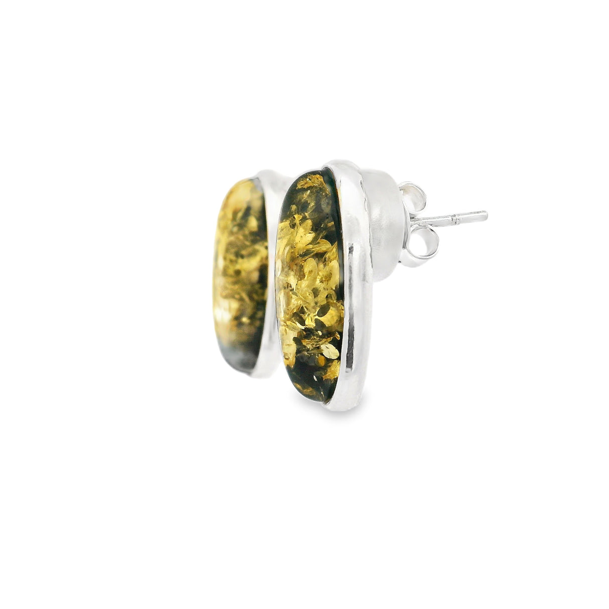 Green Amber Oval Stud Earrings Bezel Set in 925 Sterling Silver