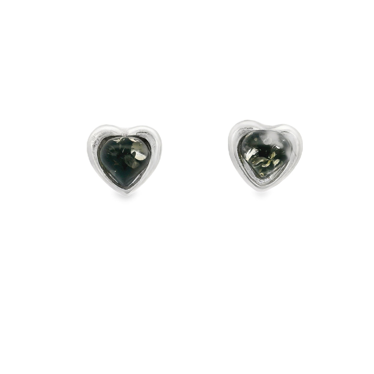 Green Amber Rounds in Hearts Stud Earrings Bezel Set in 925 Sterling Silver
