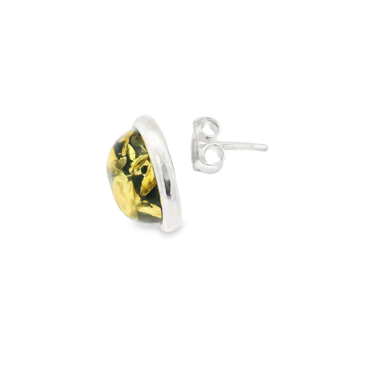 Green Amber Round Stud Earrings Bezel Set in 925 Sterling Silver