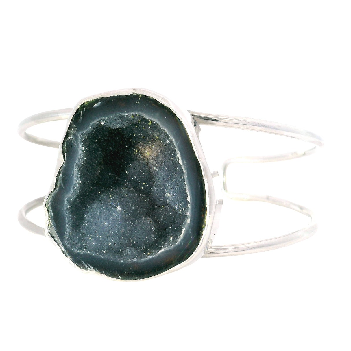 Quartz Druze Geode Classic Double Row Open Back Silver Cuff - Simple Bezel Set