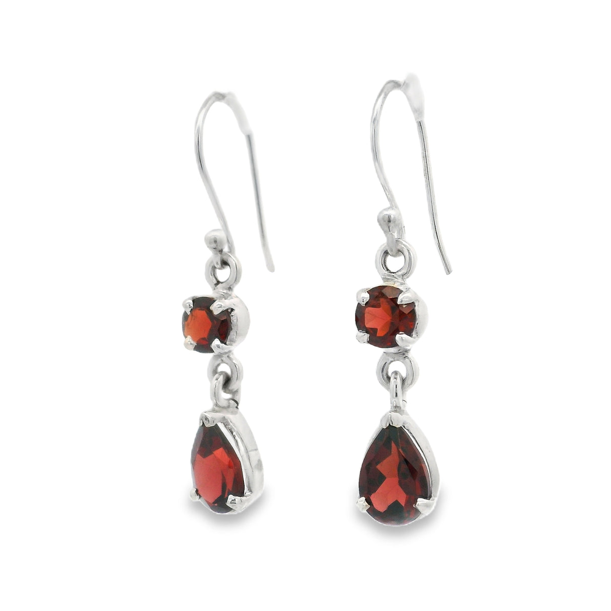 Faceted Garnet Round & Pear Dangle Earrings Prong Set in 925 Sterling Silver