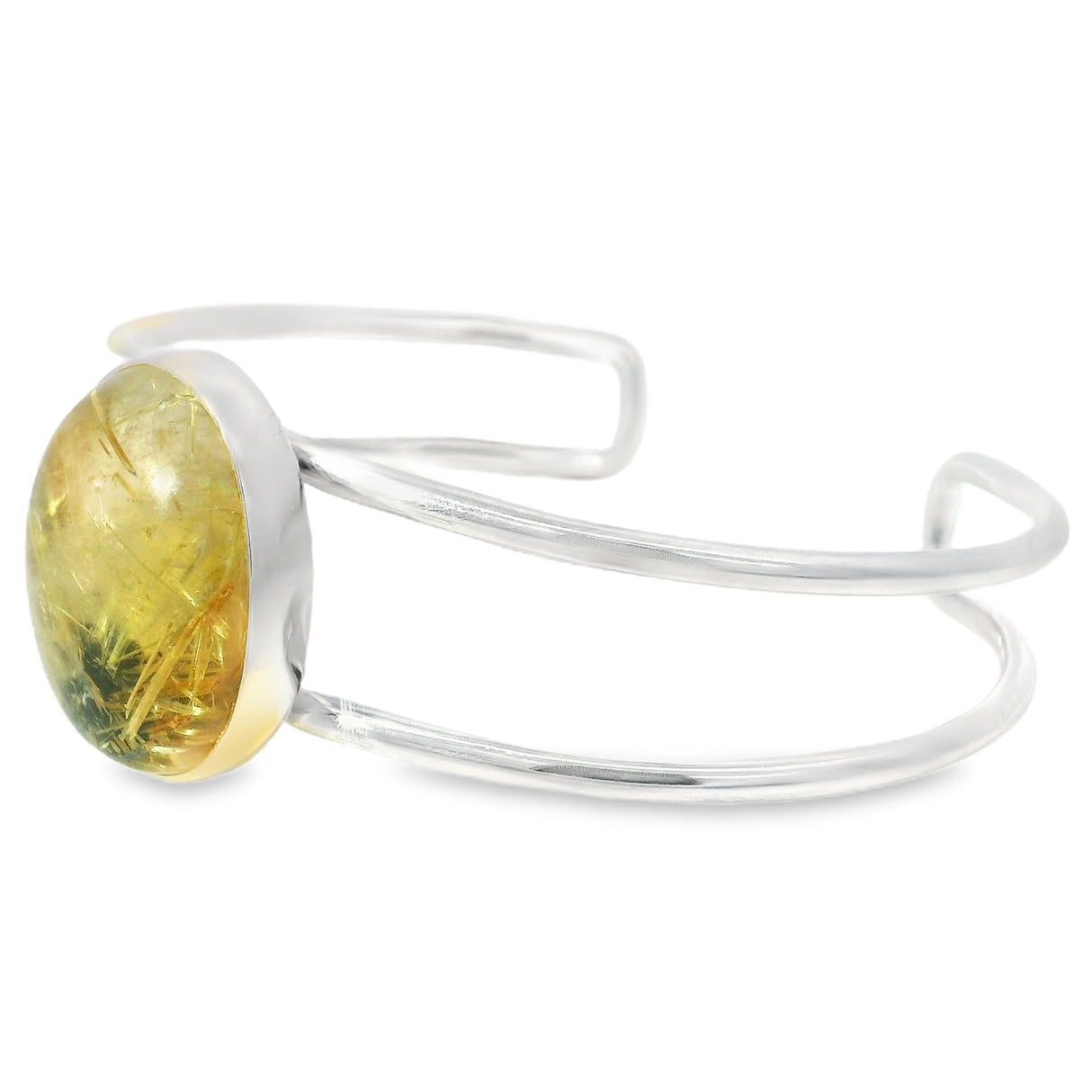 Golden Rutile Quartz Double Row Silver Cuff - Simple Bezel Set Polished Cabochon - Oval