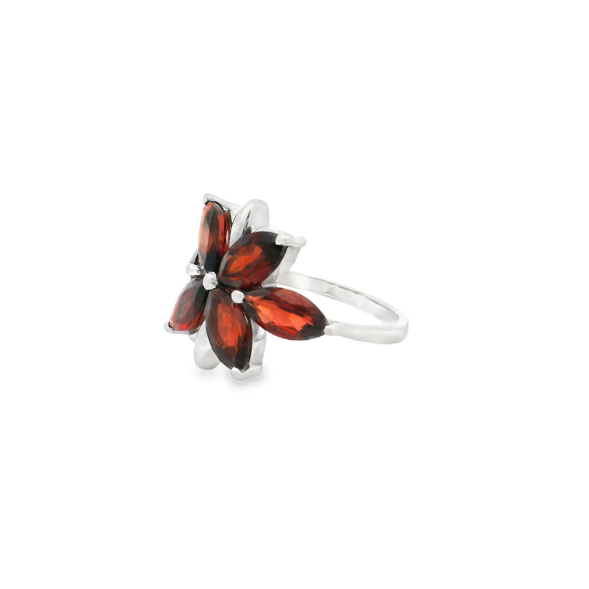 Faceted Garnet Flower Ring - 6 Sharp Ovals Prong Set with 925 Sterling Silver on Simple Band sz5