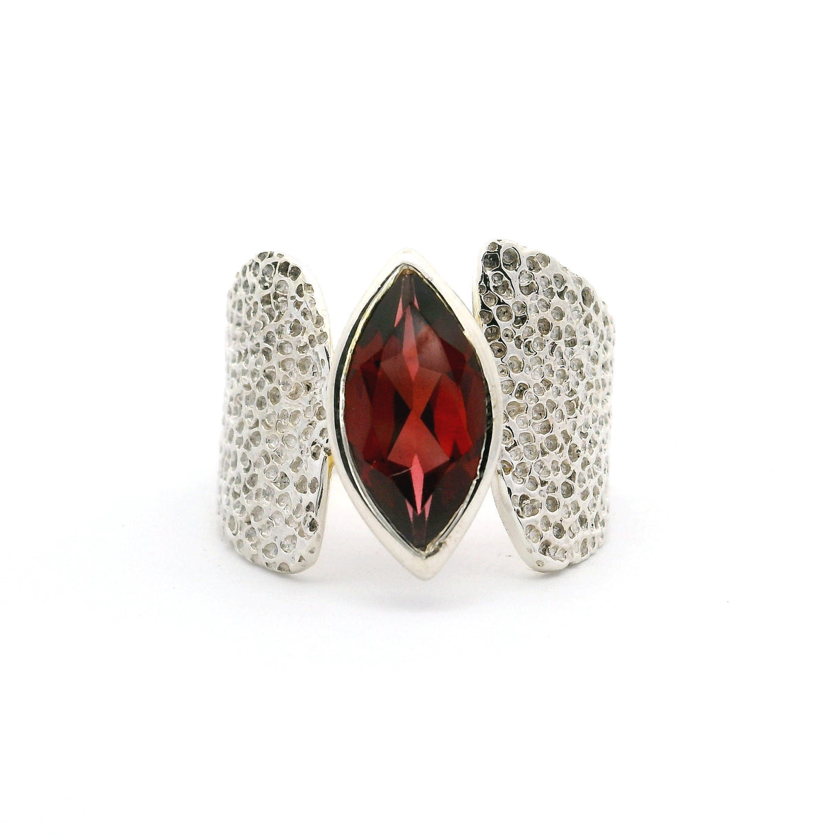 Faceted Garnet Sharp Oval Ring Bezel Set in Wide Textured Band of 925 Sterling Silver sz7