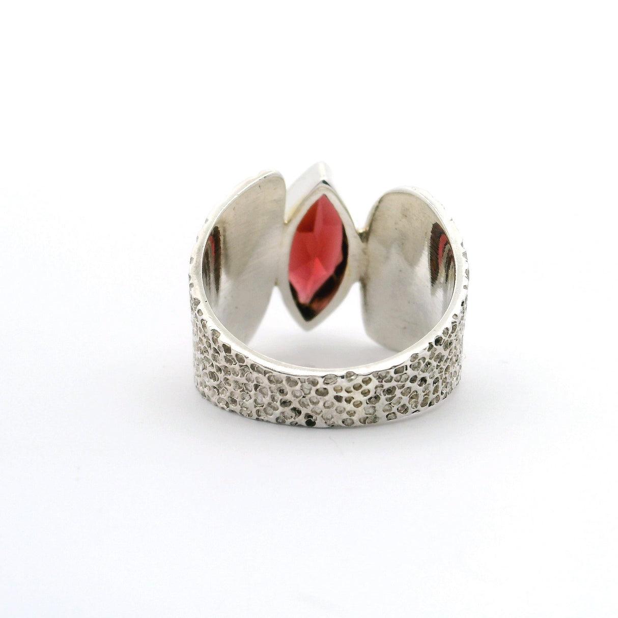 Faceted Garnet Sharp Oval Ring Bezel Set in Wide Textured Band of 925 Sterling Silver sz7