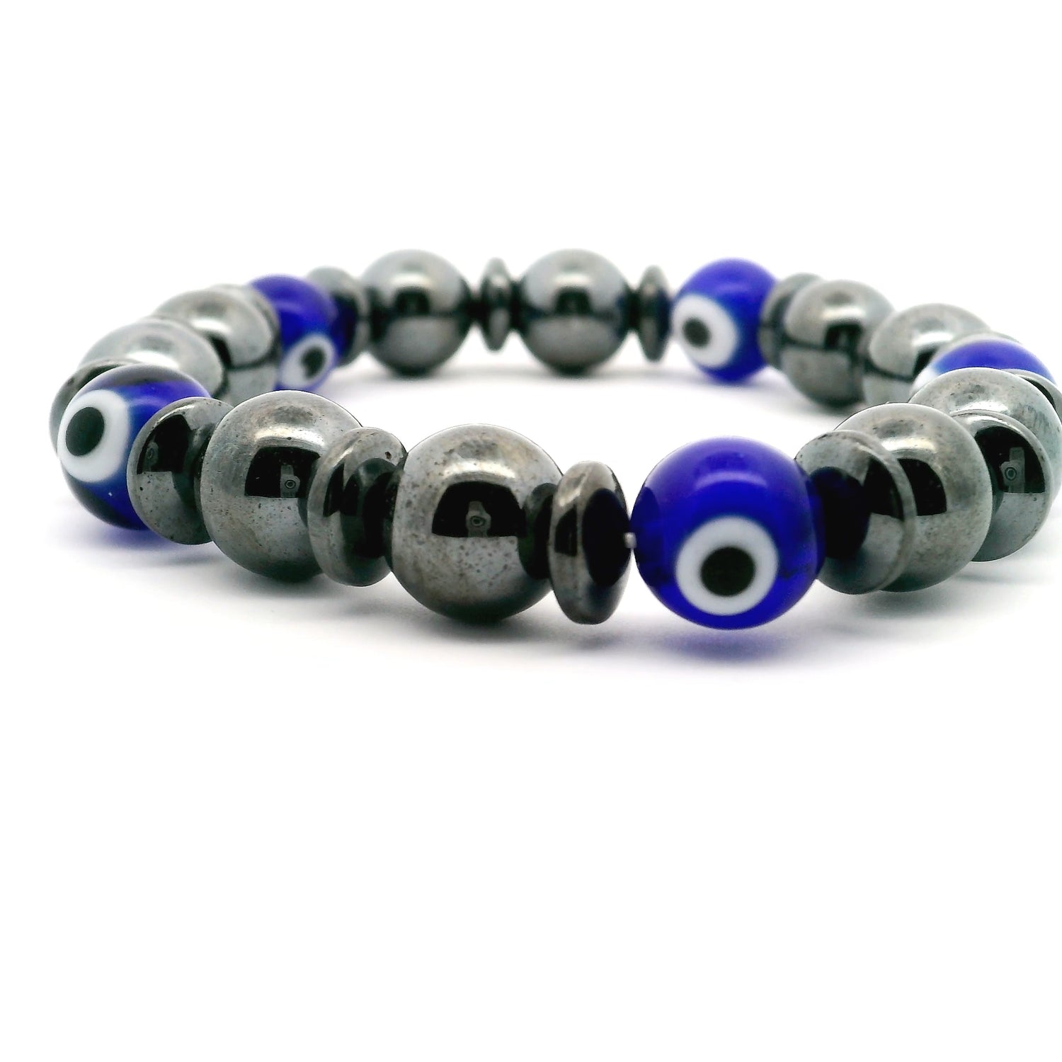 Hematite & Navy Evil Eye Beaded Bracelet 10mm Rounds with Hematite Rondells