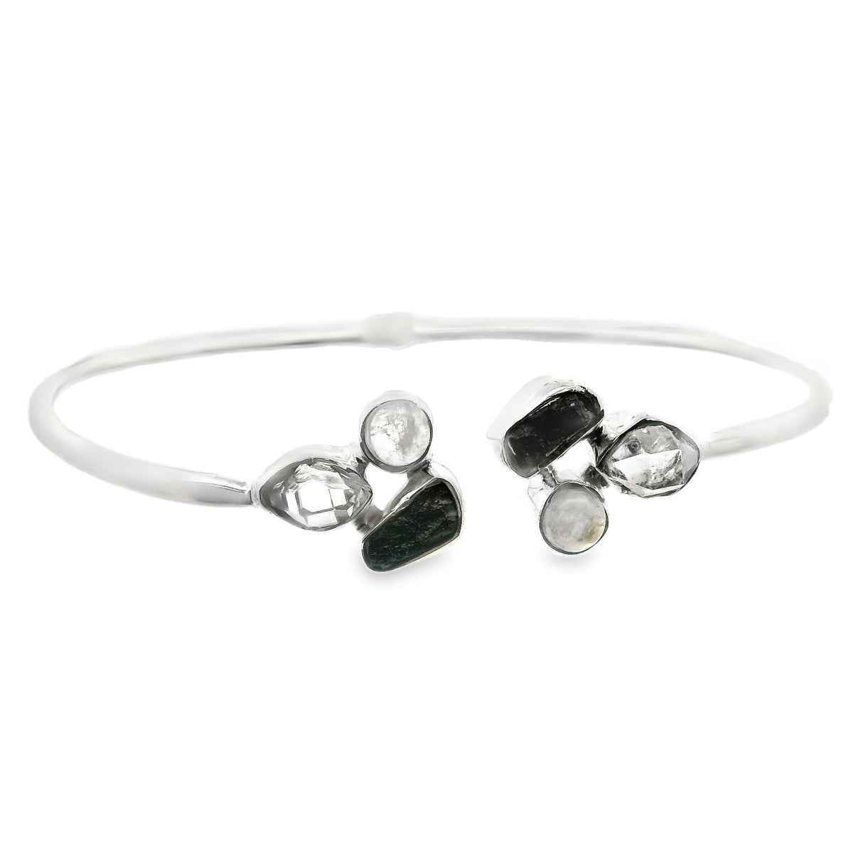 Herkimer Diamond Twist Bracelet - 2 Freeforms Each with Black Tourmaline Nugget & Dainty Round Rainbow Moonstone Bezel Set in 925 Sterling Silver