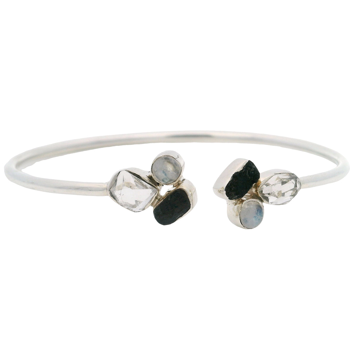 Herkimer Diamond Twist Bracelet - 2 Freeforms Each with Black Tourmaline Nugget & Dainty Round Rainbow Moonstone Bezel Set in 925 Sterling Silver