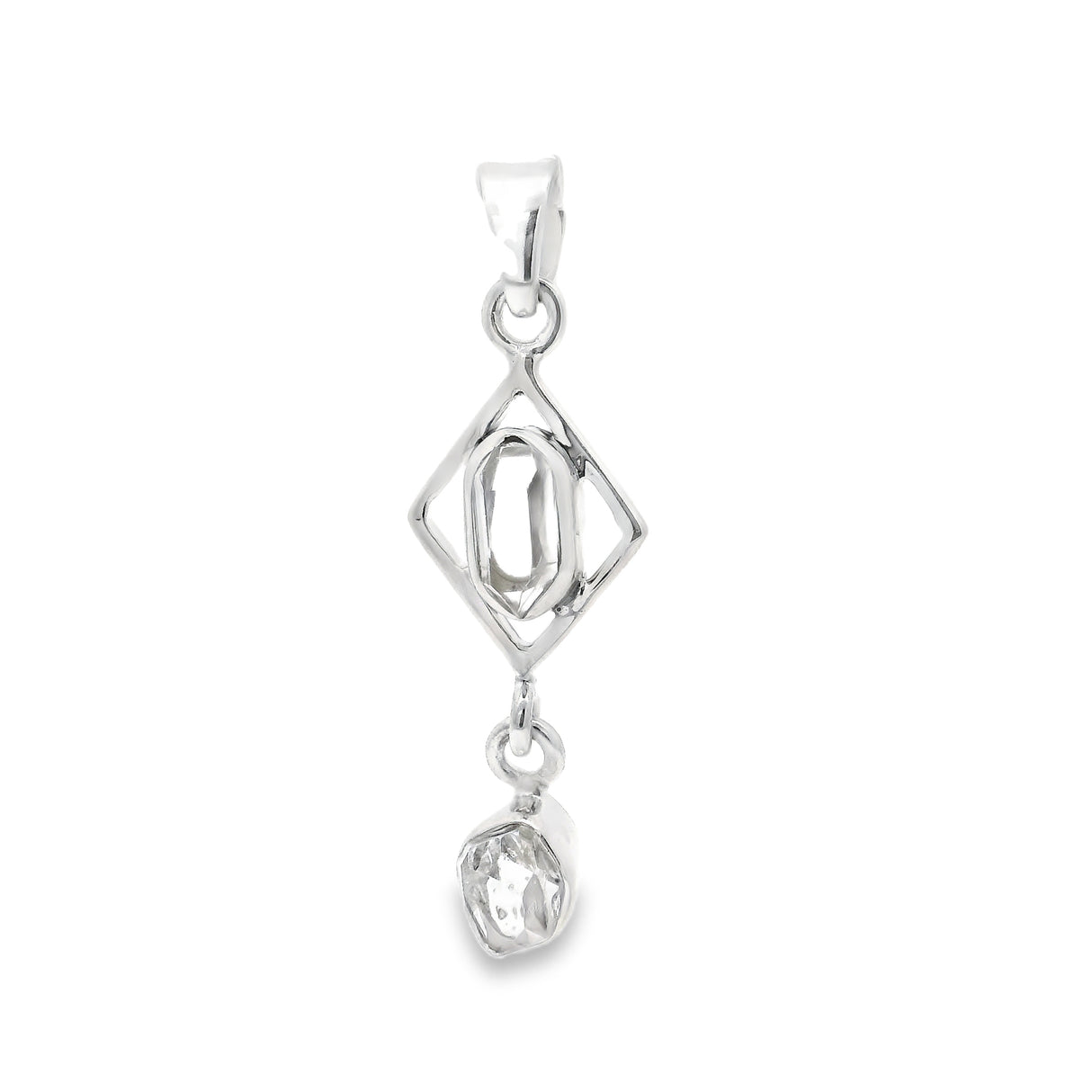 Herkimer Diamond Pendant - Faceted Freeform Set In 925 Sterling Silver Rhombus With Dangling Faceted Freeform Below