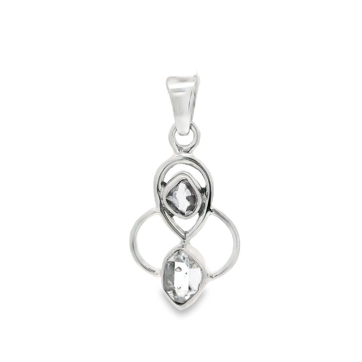 Herkimer Diamond Pendant - 2 Nuggets Set in 925 Sterling Silver Bezels on Open Tri-Circles