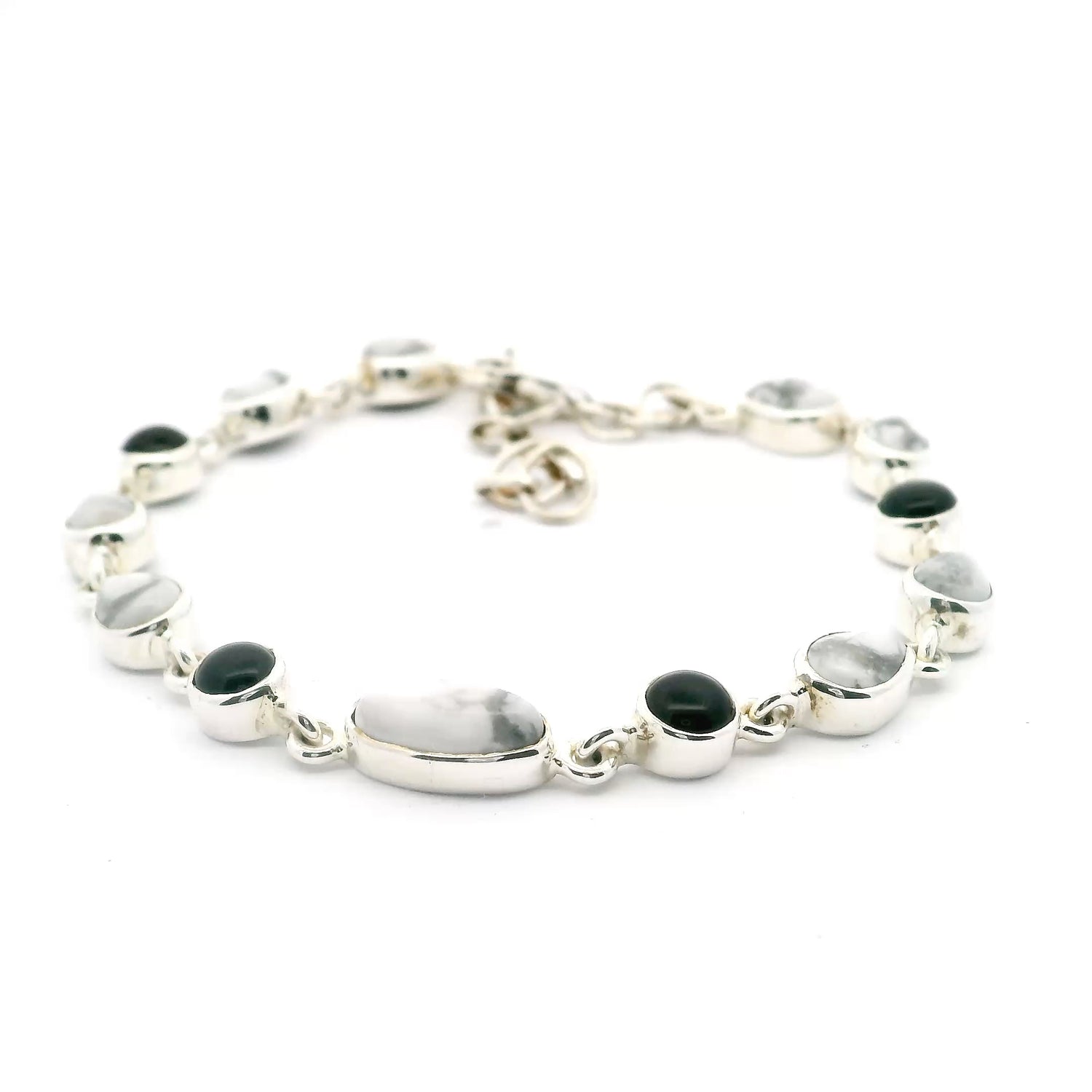 Howlite Link Bracelet - 4 Dainty Pear Cabochon Duos with East-West Set Oval Cabochon Centerpiece with 4 Black Onyx Round Cabochons - 925 Sterling Silver Bezels