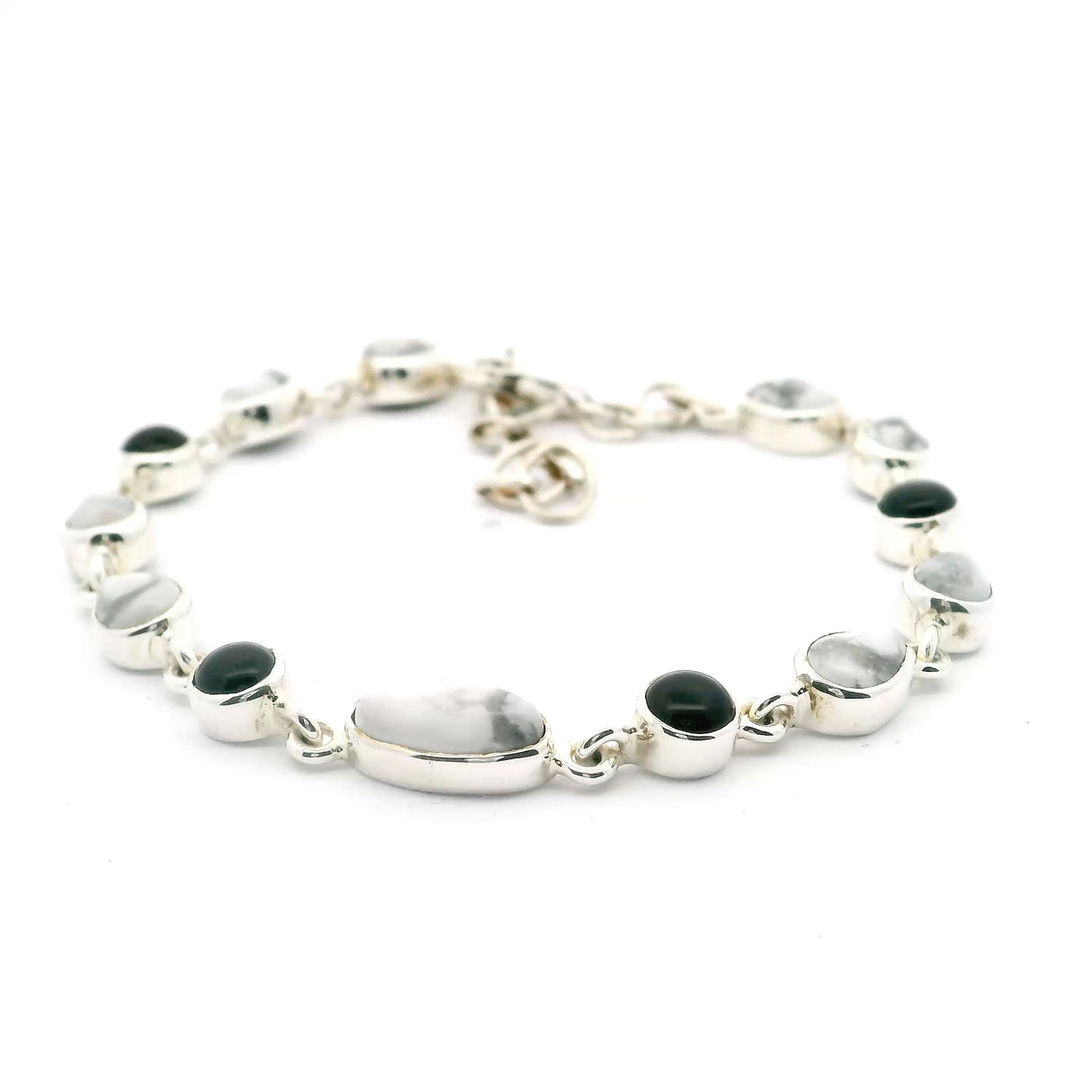 Howlite Link Bracelet - 4 Dainty Pear Cabochon Duos with East-West Set Oval Cabochon Centerpiece with 4 Black Onyx Round Cabochons - 925 Sterling Silver Bezels