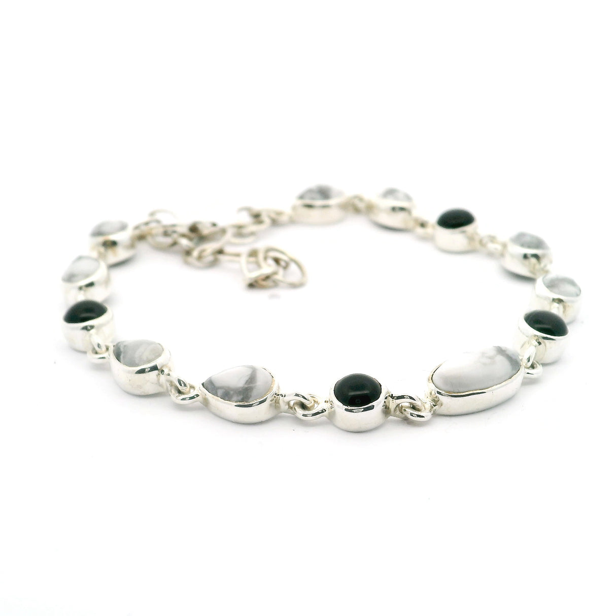Howlite Link Bracelet - 4 Dainty Pear Cabochon Duos with East-West Set Oval Cabochon Centerpiece with 4 Black Onyx Round Cabochons - 925 Sterling Silver Bezels