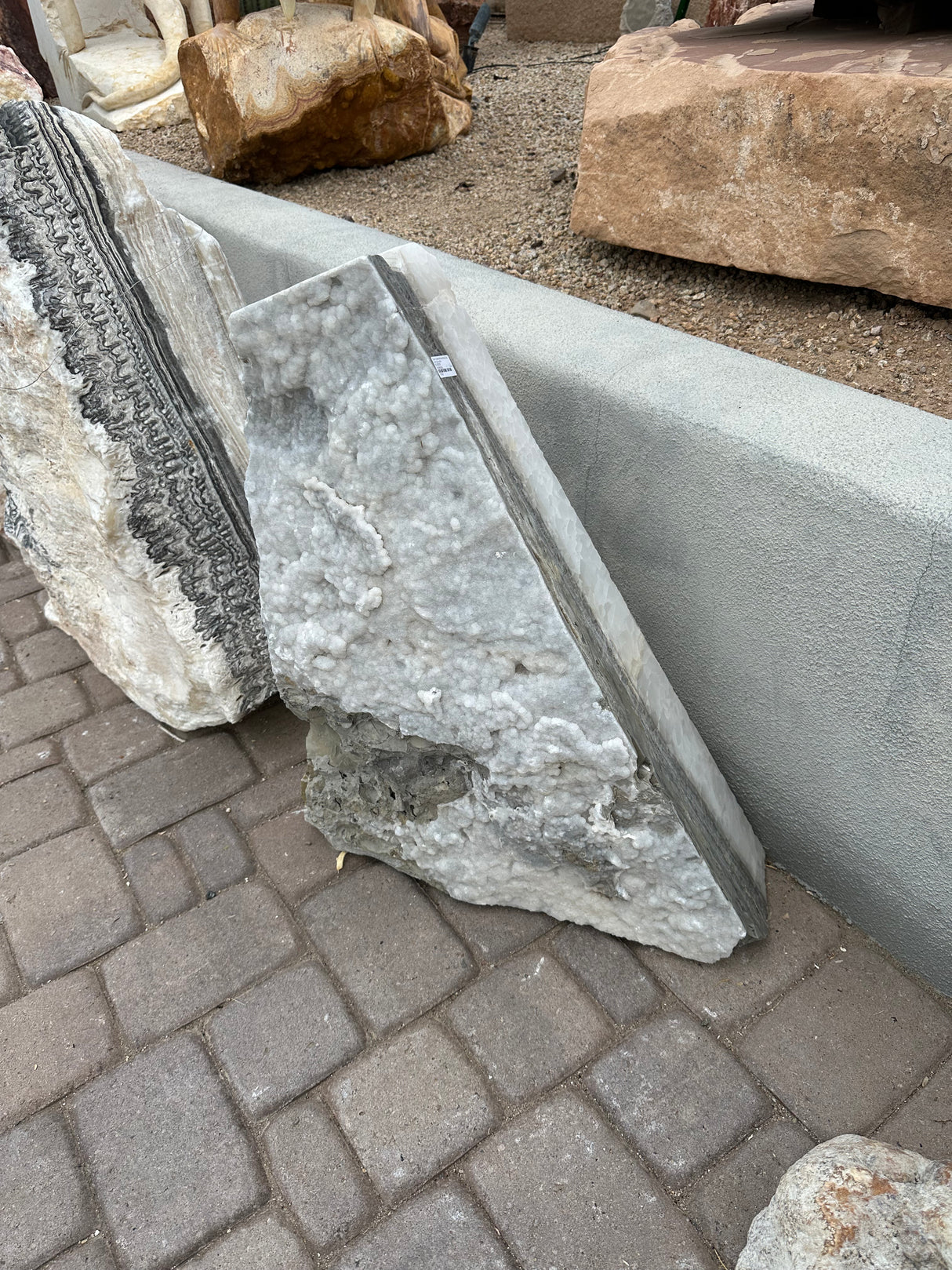 Gray Travertine & Ice White Onyx Fountain - Triangular Shape With Druze Inclusions