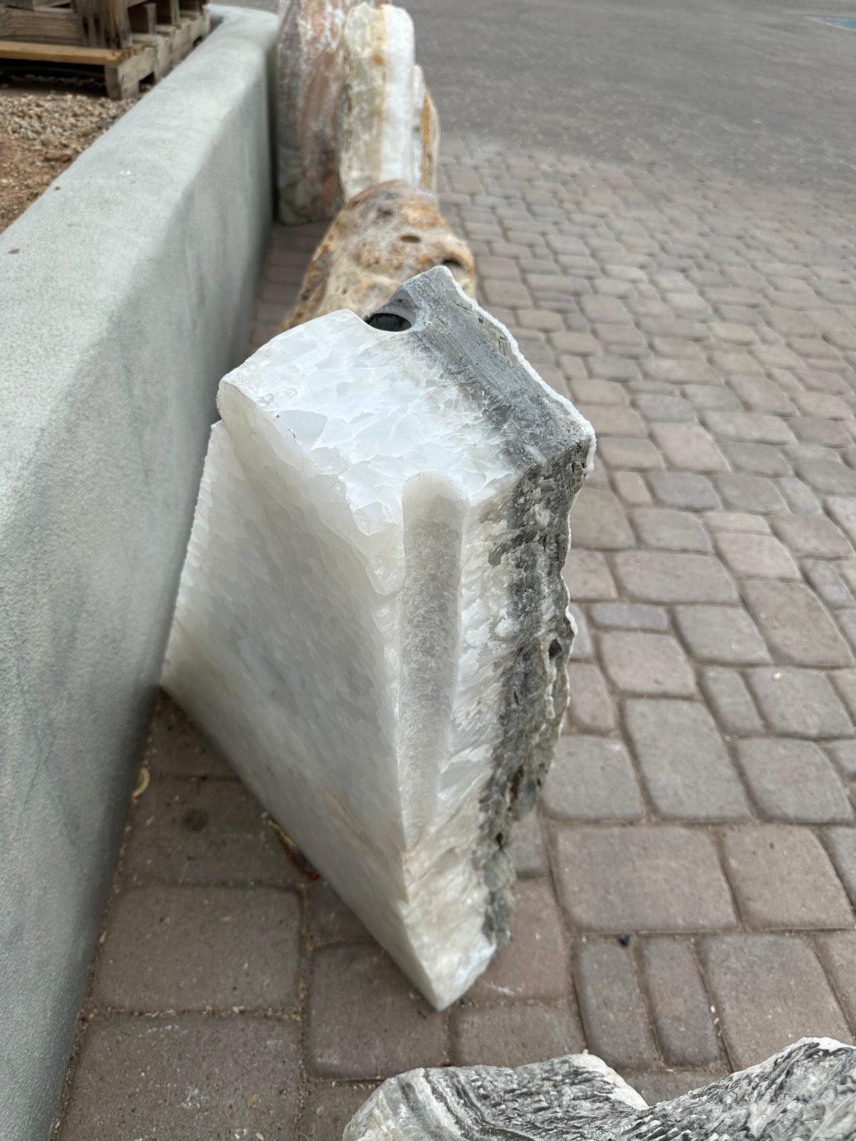 Gray Travertine & Ice White Onyx Fountain - Triangular Shape With Druze Inclusions