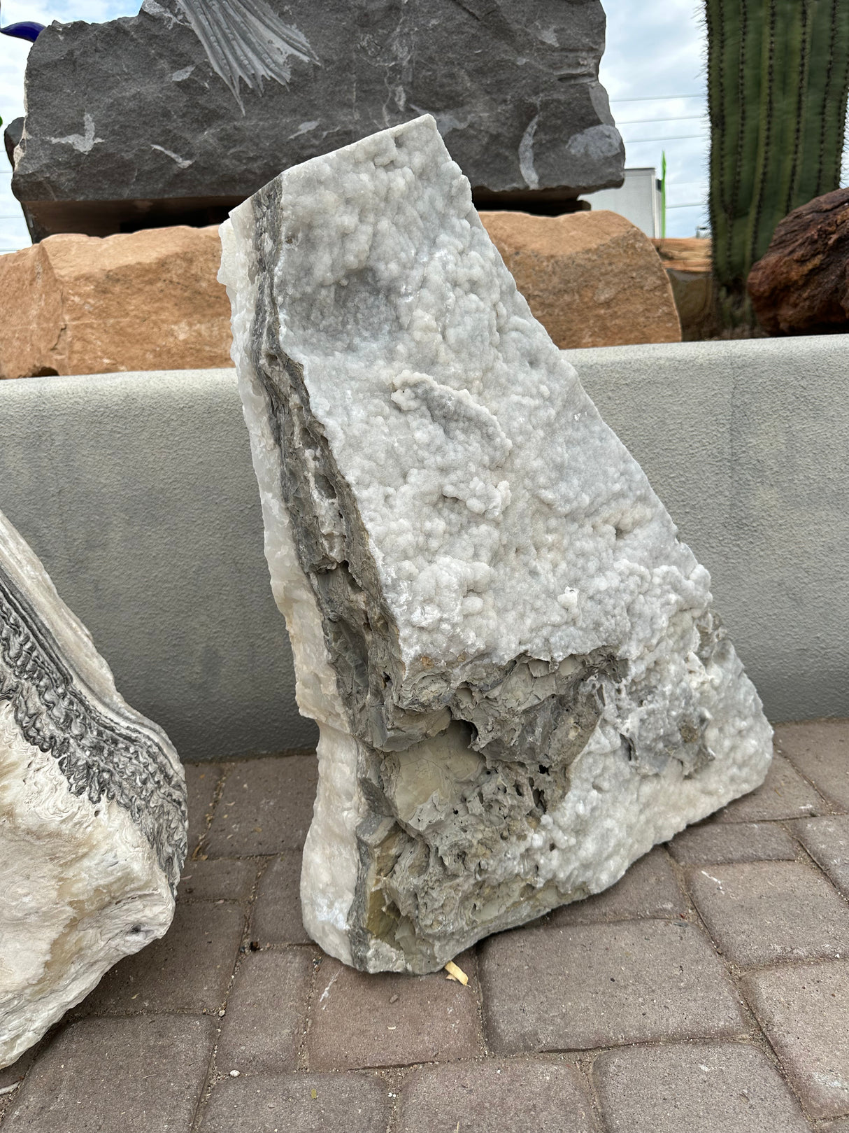 Gray Travertine & Ice White Onyx Fountain - Triangular Shape With Druze Inclusions