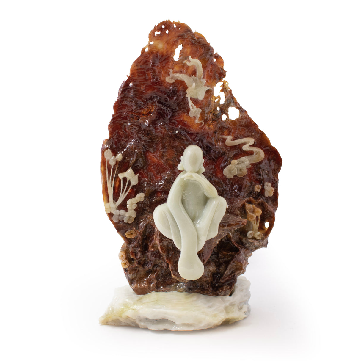 Green Jade Buddha Sculpture Sitting on Brown Jade Relieved Back Drop