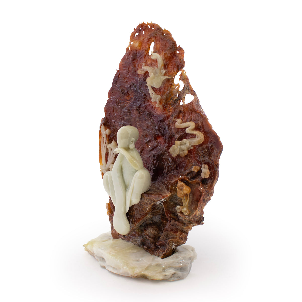 Green Jade Buddha Sculpture Sitting on Brown Jade Relieved Back Drop