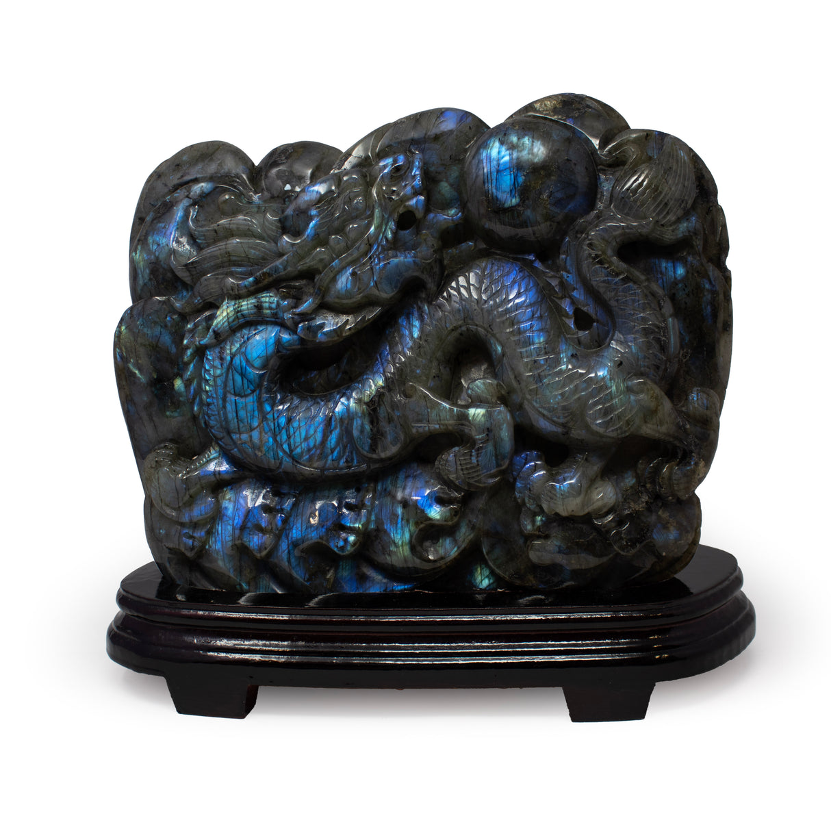AA+ Labradorite Dragon with Ball Carving on Wood Base #18