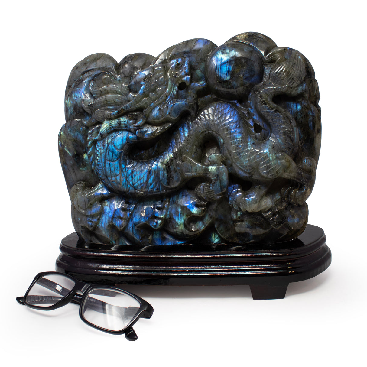 AA+ Labradorite Dragon with Ball Carving on Wood Base #18