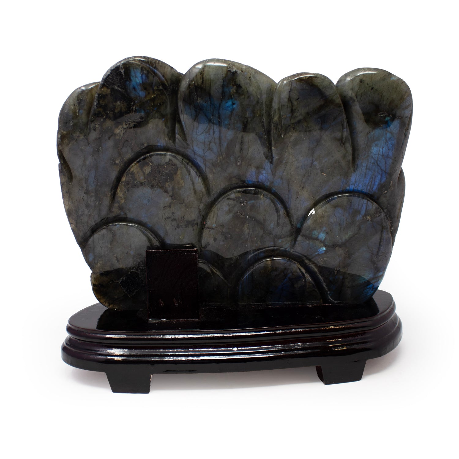 AA+ Labradorite Dragon with Ball Carving on Wood Base #18