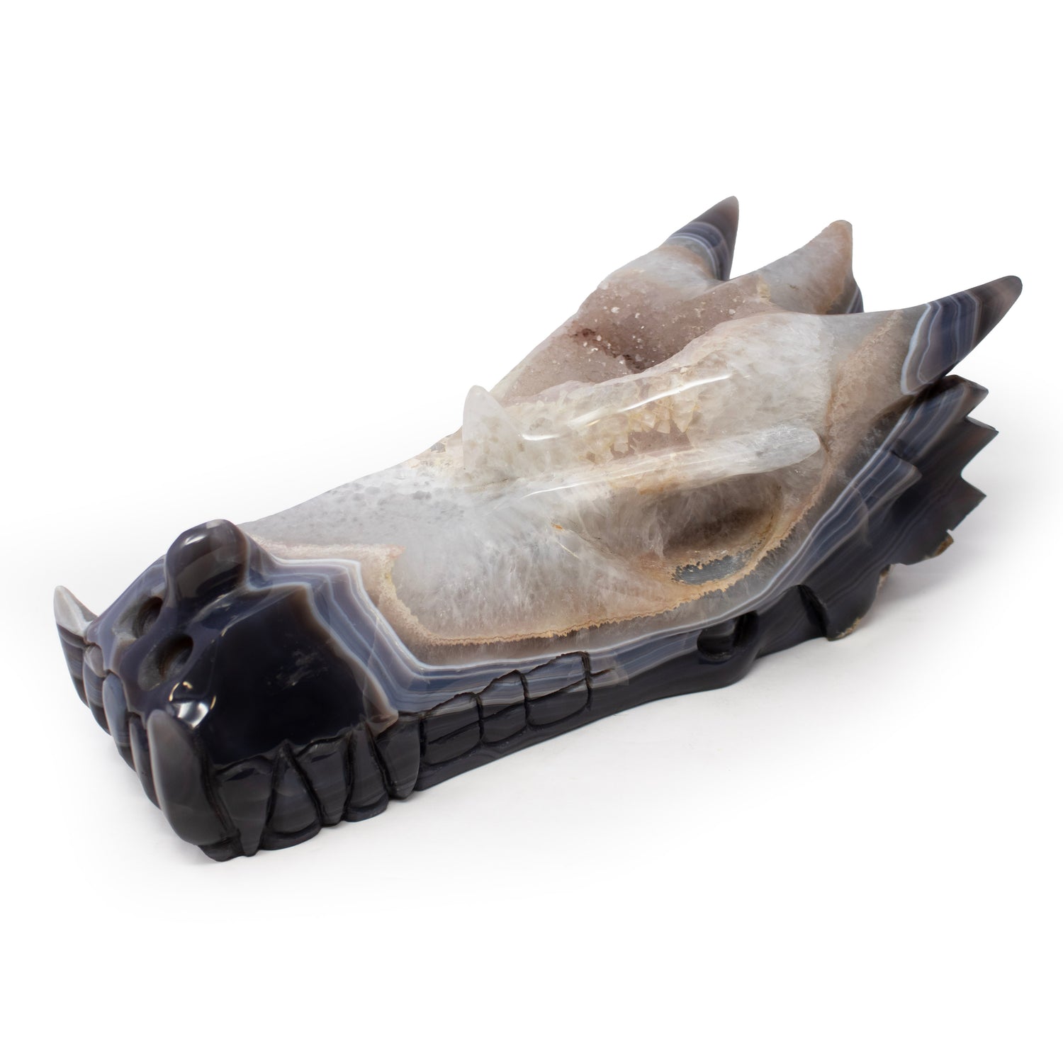 A+ Agate Druze Geode Dragon Skull Carving 13"