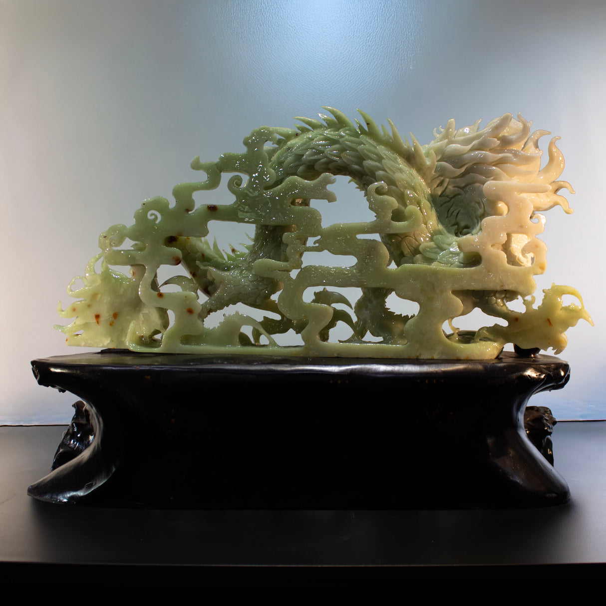 Exquisite Nephrite Jade Dragon Carving on Wood Base - Bi-Color