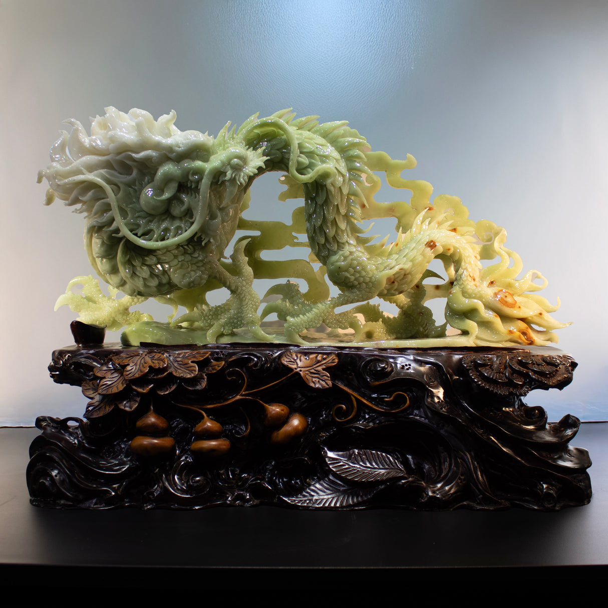 Exquisite Nephrite Jade Dragon Carving on Wood Base - Bi-Color
