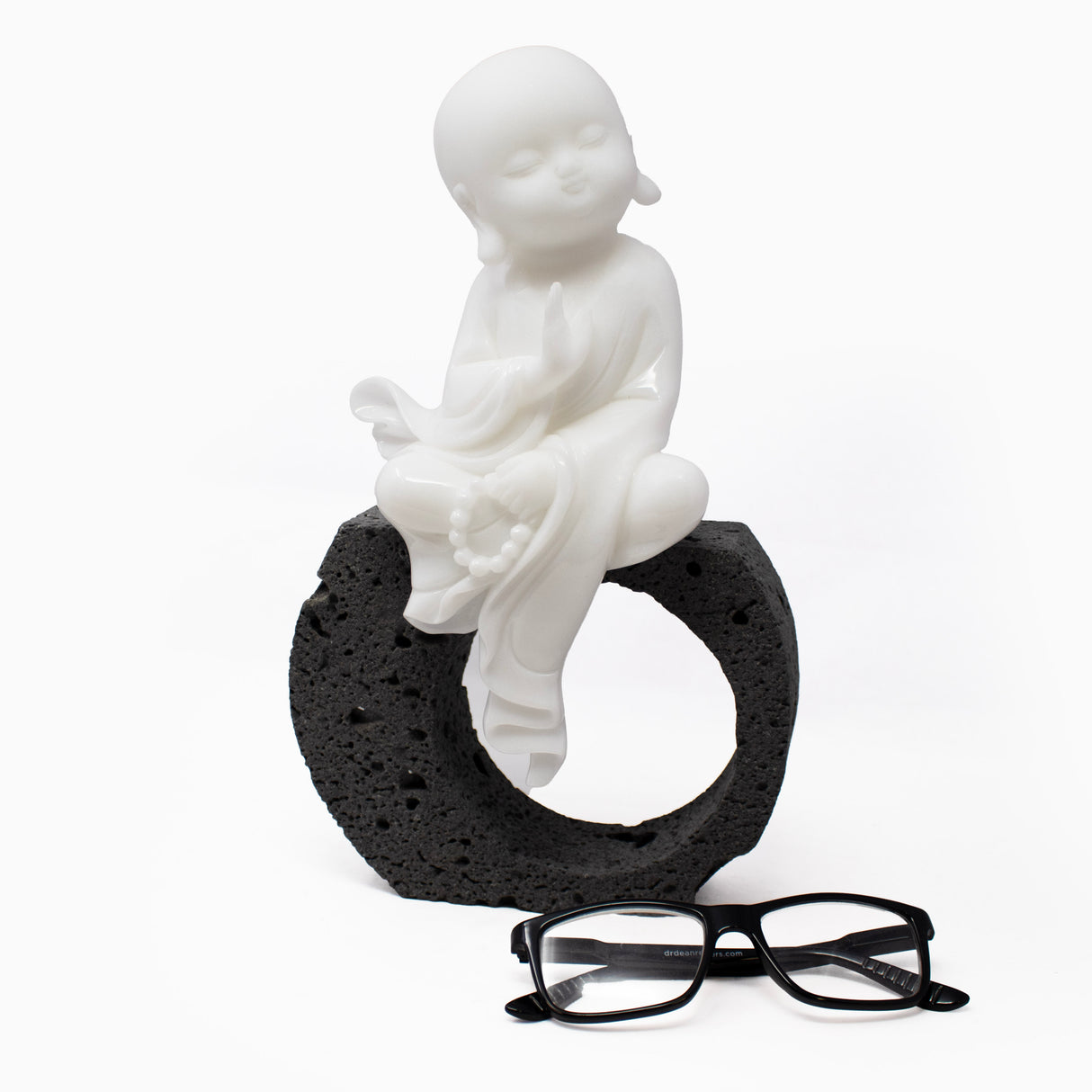 AAA+ White Jade Buddha Carving Sitting on Lava Base